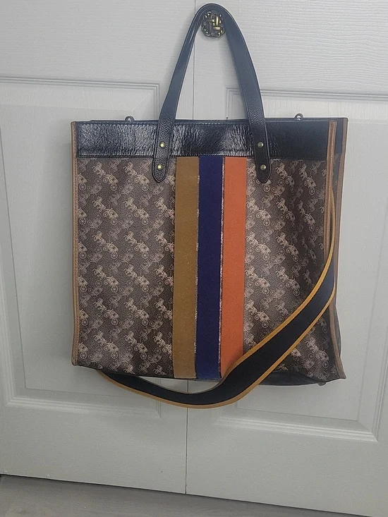 Coach Xtra Large Field Tote Monogram Tote with Blue, Orange & Mustard Stripes - Picture 2 of 12